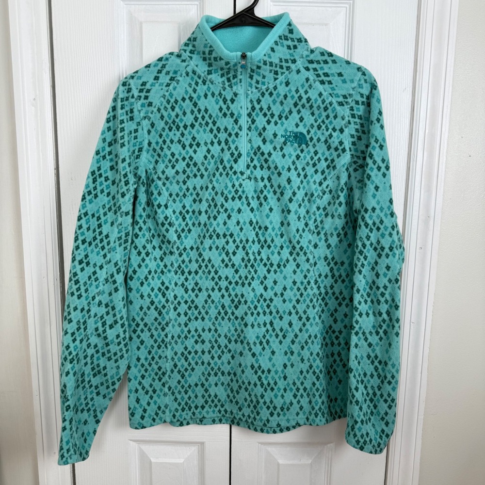 The North Face Womens Fleece 1/4 zip Pullover Turquoise Diamond Pattern Size L